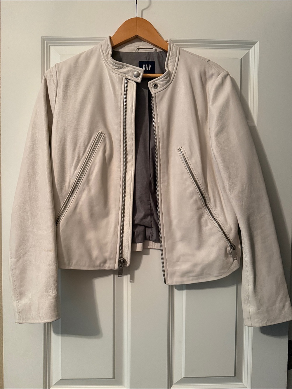 GAP Women's Cream Leather Biker Jacket